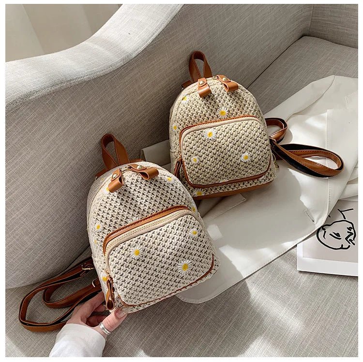 Petite Floré Embroidered Student Bag Handwoven Straw Texture - Nalani - Fashion Clothing and Decor
