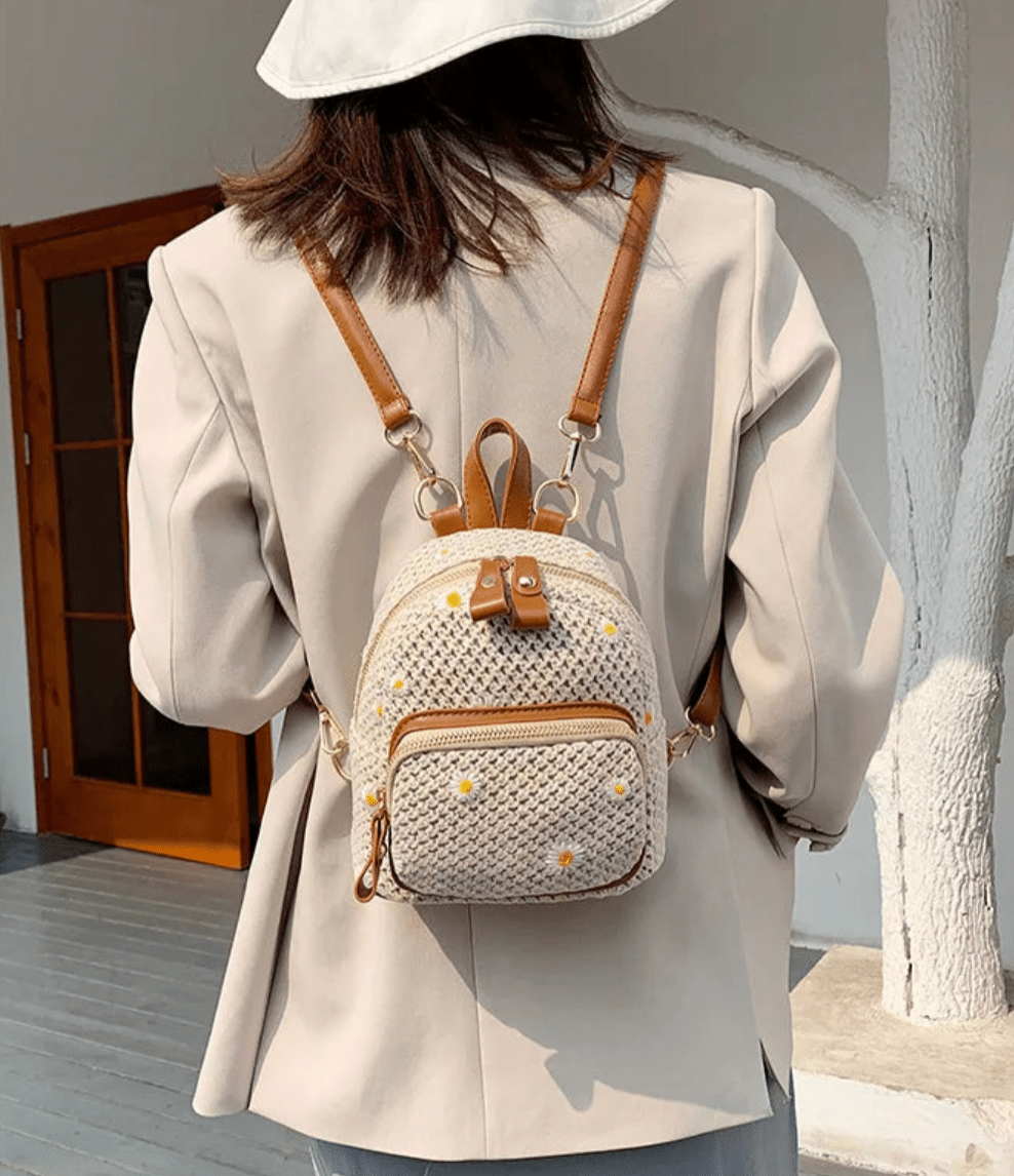Petite Floré Embroidered Student Bag Handwoven Straw Texture - Nalani - Fashion Clothing and Decor