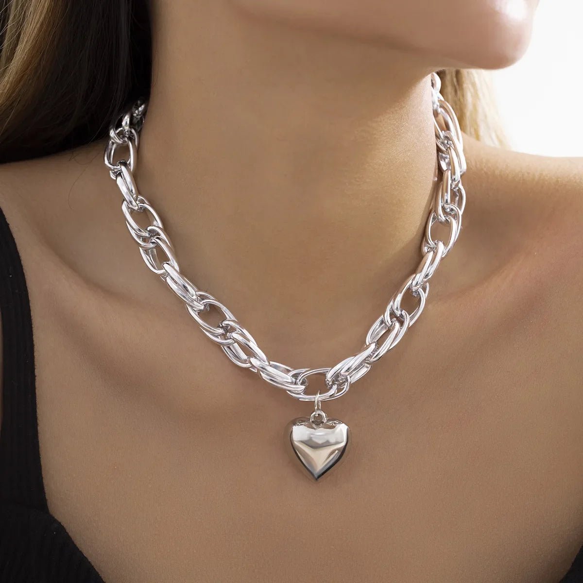 Ravena Bold - Heart Necklace Sterling Silver - Plated Adjustable Chain - Nalani - Fashion Clothing and Decor