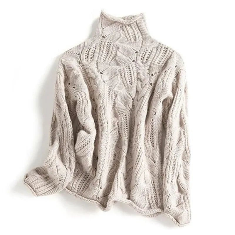 Relaxed Fit Turtleneck Sweater With Cable Knit Ribbed Trim - Nalani - UK Fashion Clothing and Decor