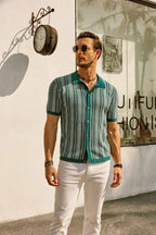 Retro Striped Button Down Polo Shirt For Men Short Sleeve - Nalani - UK Fashion Clothing and Decor