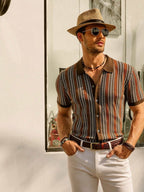 Retro Striped Button Down Polo Shirt For Men Short Sleeve - Nalani - UK Fashion Clothing and Decor