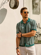 Retro Striped Button Down Polo Shirt For Men Short Sleeve - Nalani - UK Fashion Clothing and Decor