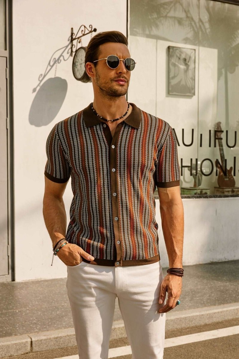 Retro Striped Button Down Polo Shirt For Men Short Sleeve - Nalani - UK Fashion Clothing and Decor