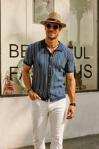 Retro Striped Button Down Polo Shirt For Men Short Sleeve - Nalani - UK Fashion Clothing and Decor