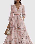 Rowella | Elegant Pleated Maxi Dress With V-Neck And Ribbon Tie Waist - Nalani - Fashion Clothing and Decor