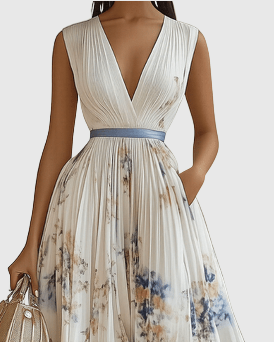 Rowella | Elegant Pleated Maxi Dress With V-Neck And Ribbon Tie Waist - Nalani - Fashion Clothing and Decor