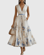 Rowella | Elegant Pleated Maxi Dress With V-Neck And Ribbon Tie Waist - Nalani - Fashion Clothing and Decor