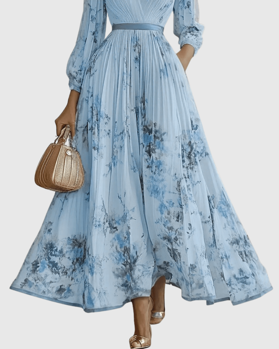 Rowella | Elegant Pleated Maxi Dress With V-Neck And Ribbon Tie Waist - Nalani - Fashion Clothing and Decor
