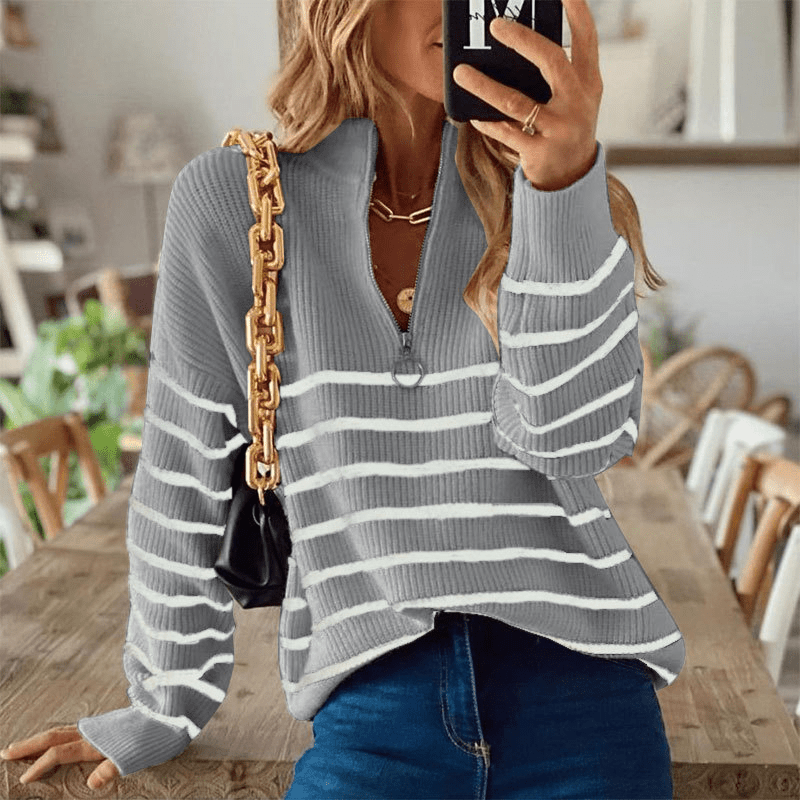 Sandré | Women’s Sweatshirt – Relaxed Fit – Ribbed Knit – Half Zip – Striped Pattern – Hip Length - Nalani - UK Fashion Clothing and Decor