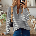 Sandré | Women’s Sweatshirt – Relaxed Fit – Ribbed Knit – Half Zip – Striped Pattern – Hip Length - Nalani - UK Fashion Clothing and Decor