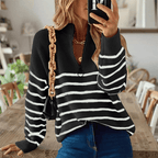 Sandré | Women’s Sweatshirt – Relaxed Fit – Ribbed Knit – Half Zip – Striped Pattern – Hip Length - Nalani - UK Fashion Clothing and Decor