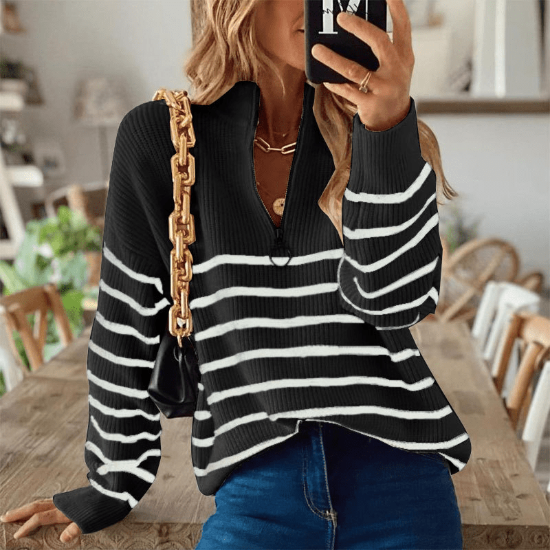 Sandré | Women’s Sweatshirt – Relaxed Fit – Ribbed Knit – Half Zip – Striped Pattern – Hip Length - Nalani - UK Fashion Clothing and Decor