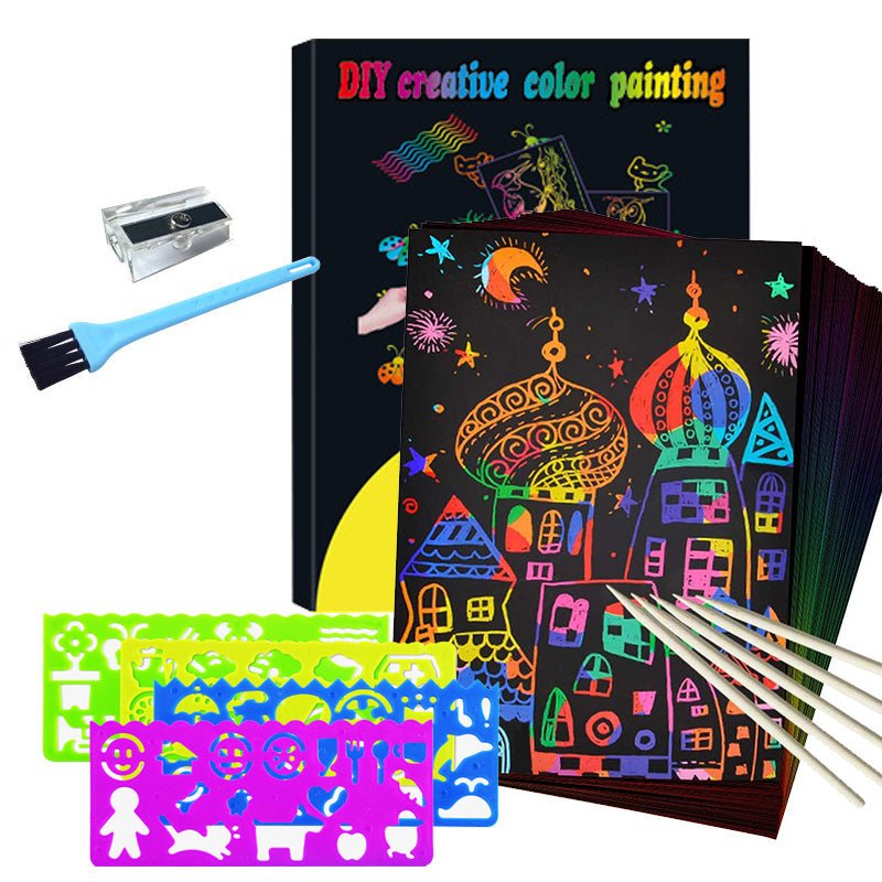 Scratch Art Set with Magic Rainbow Colors – Scratch Paper for Kids with 50 Sheets, Stencils & 5 Scratch Pens – Creative Gift - Nalani - Fashion Clothing and Decor