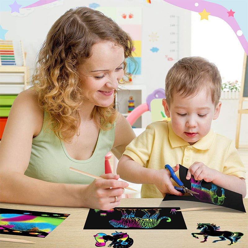 Scratch Art Set with Magic Rainbow Colors – Scratch Paper for Kids with 50 Sheets, Stencils & 5 Scratch Pens – Creative Gift - Nalani - Fashion Clothing and Decor