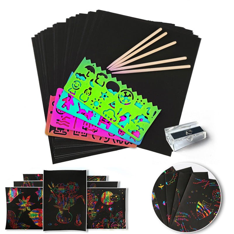 Scratch Art Set with Magic Rainbow Colors – Scratch Paper for Kids with 50 Sheets, Stencils & 5 Scratch Pens – Creative Gift - Nalani - Fashion Clothing and Decor
