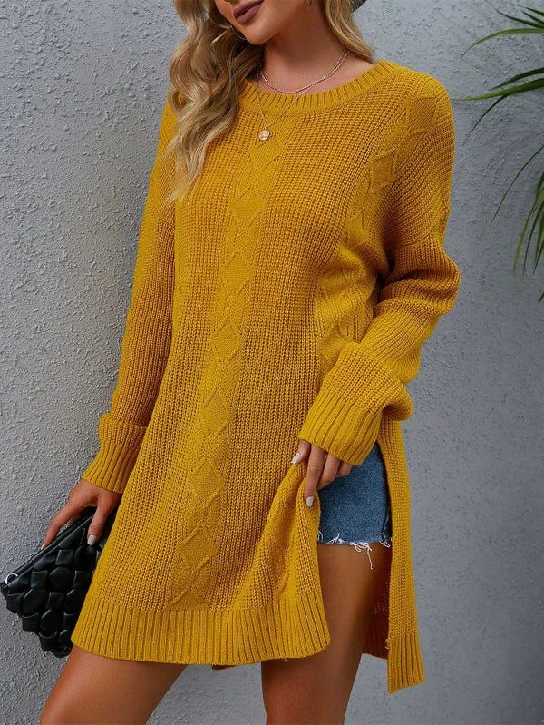 Serano | Women’s Pullover Sweater – Loose Fit – Cable Knit – Side Slit – Mid - Length Wool Feel - Nalani - UK Fashion Clothing and Decor