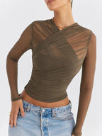 Sheer Overlay Cropped Top With Long Sleeves For Nightlife - Nalani - UK and AUS Fashion Clothing and Decor
