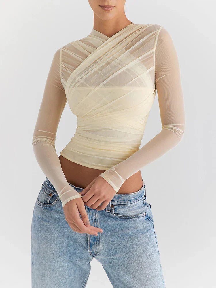 Sheer Overlay Cropped Top With Long Sleeves For Nightlife - Nalani - UK and AUS Fashion Clothing and Decor