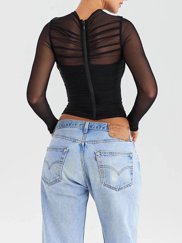 Sheer Overlay Cropped Top With Long Sleeves For Nightlife - Nalani - UK and AUS Fashion Clothing and Decor