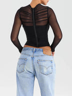 Sheer Overlay Cropped Top With Long Sleeves For Nightlife - Nalani - UK and AUS Fashion Clothing and Decor