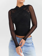 Sheer Overlay Cropped Top With Long Sleeves For Nightlife - Nalani - UK and AUS Fashion Clothing and Decor