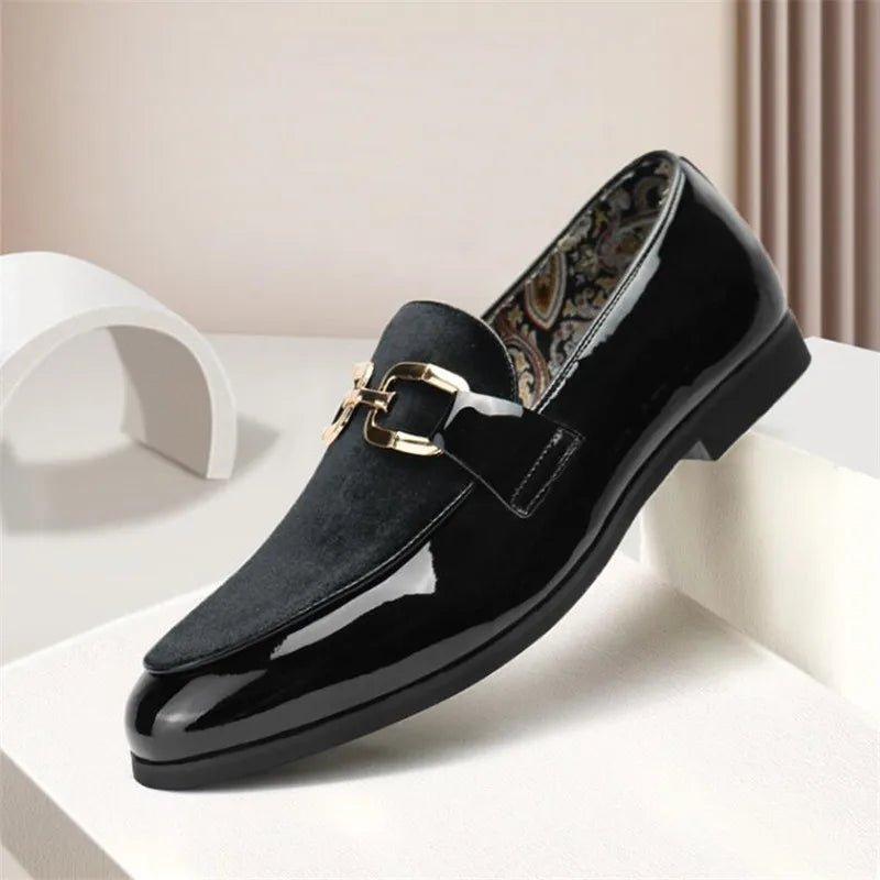 Shiny Patent Leather Slip On Loafers With Patchwork Design - Nalani - Fashion Clothing and Decor