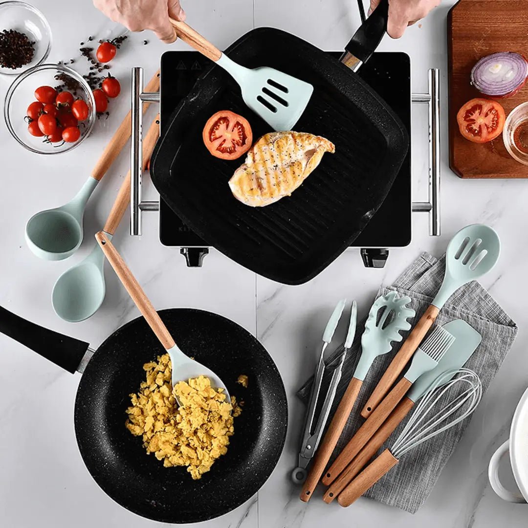 Silicone Kitchen Utensil Set – 12-in-1 Cooking Utensils, Heat Resistant to 446°F, Food Safe, 3 Colors – FlexiChef - Nalani - Fashion Clothing and Decor
