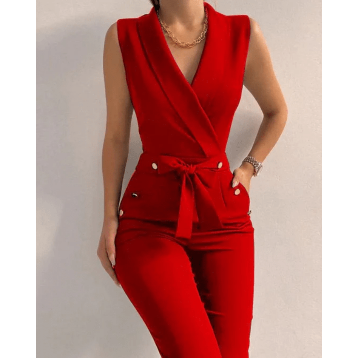 Sleeveless Formal Jumpsuit With V Neck And Lace Up Back - Nalani - UK and AUS Fashion Clothing and Decor