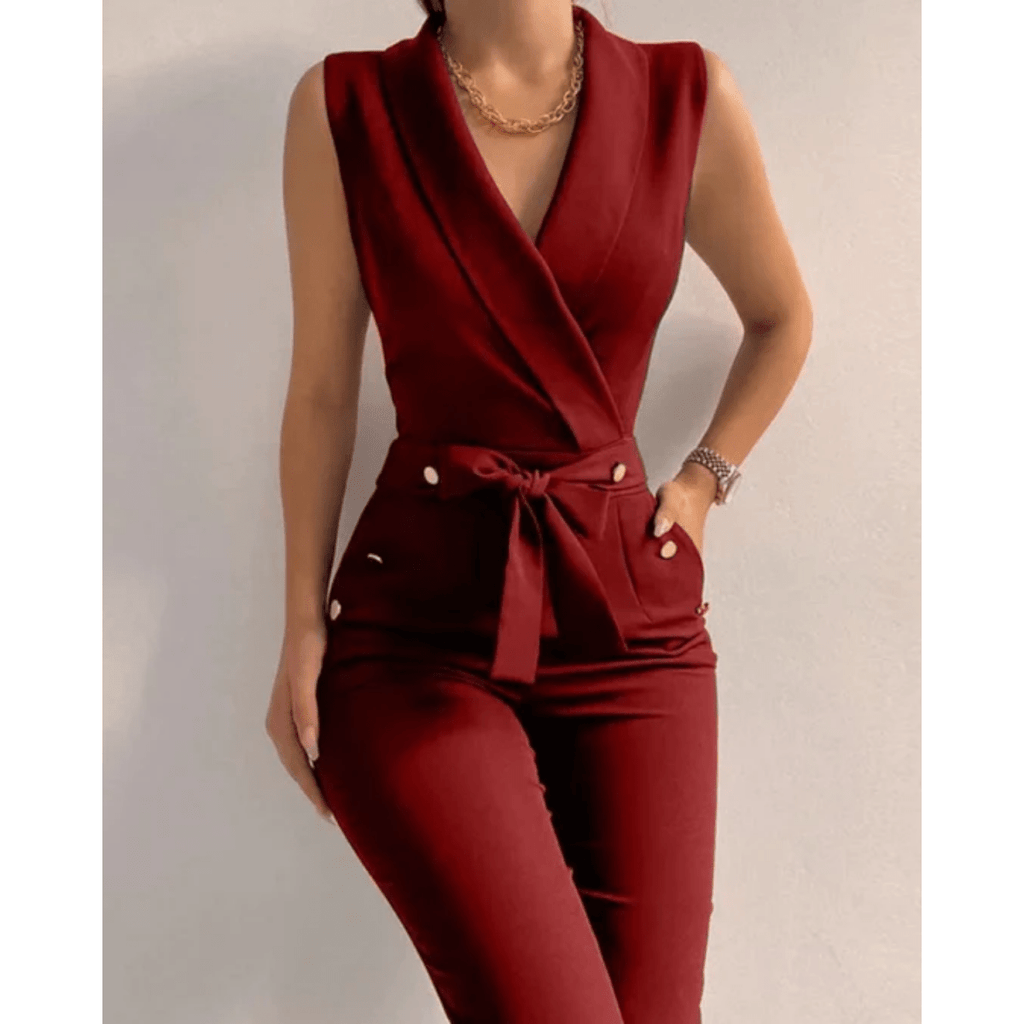 Sleeveless Formal Jumpsuit With V Neck And Lace Up Back - Nalani - UK and AUS Fashion Clothing and Decor