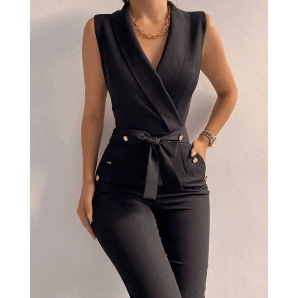Sleeveless Formal Jumpsuit With V Neck And Lace Up Back - Nalani - UK and AUS Fashion Clothing and Decor