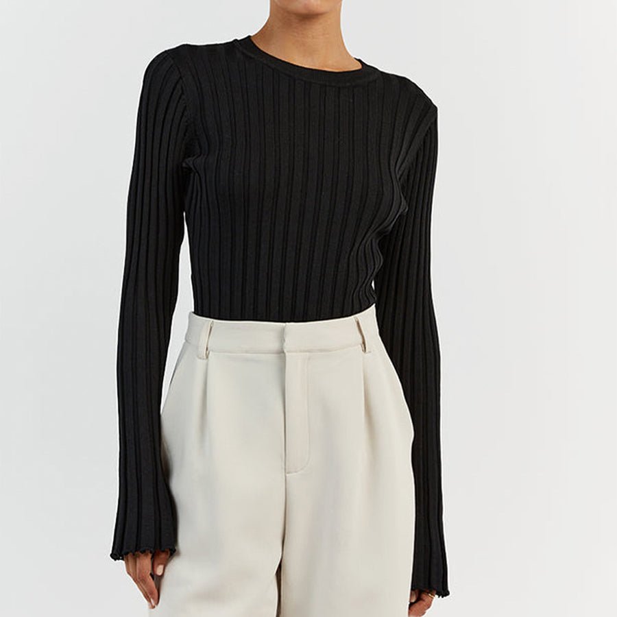 Slim Fit Crewneck Pullover Sweater With Puff Sleeves And Ruffle Cuffs - Nalani - UK Fashion Clothing and Decor