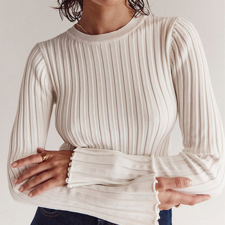 Slim Fit Crewneck Pullover Sweater With Puff Sleeves And Ruffle Cuffs - Nalani - UK Fashion Clothing and Decor