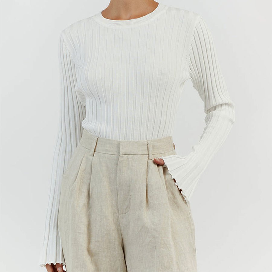 Slim Fit Crewneck Pullover Sweater With Puff Sleeves And Ruffle Cuffs - Nalani - UK Fashion Clothing and Decor