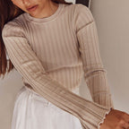 Slim Fit Crewneck Pullover Sweater With Puff Sleeves And Ruffle Cuffs - Nalani - UK Fashion Clothing and Decor