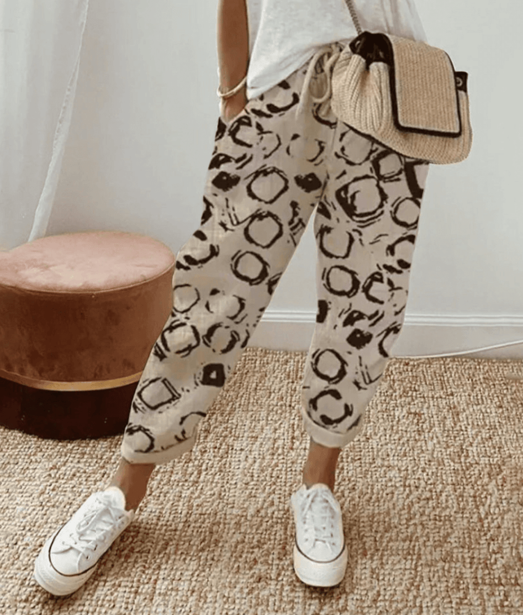 Sorelle | Casual women's trousers with print and drawstring | Straight leg - Nalani - Fashion Clothing and Decor