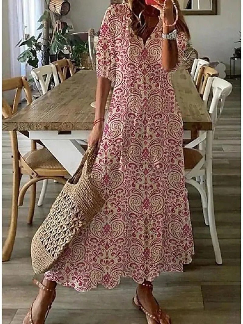 Soril | Women's Short - Sleeved V - Neck Bohemian Summer Dress | Maxi - Nalani - Fashion Clothing and Decor