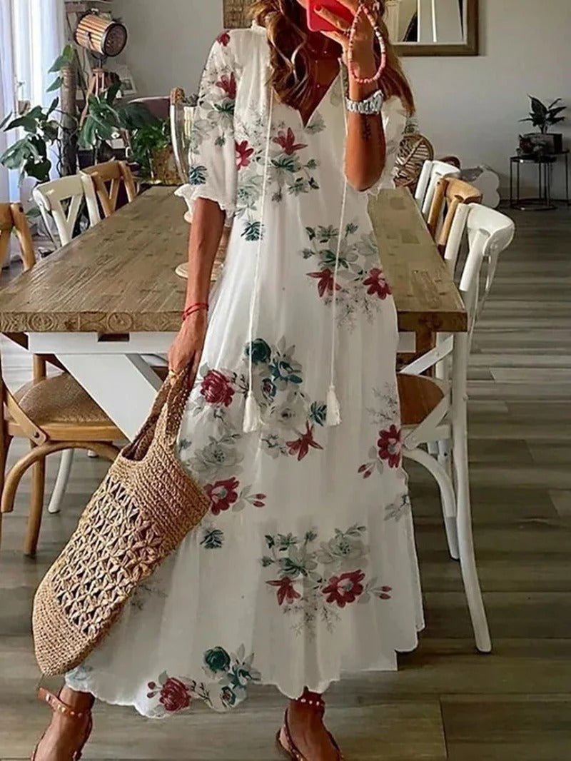 Soril | Women's Short - Sleeved V - Neck Bohemian Summer Dress | Maxi - Nalani - Fashion Clothing and Decor