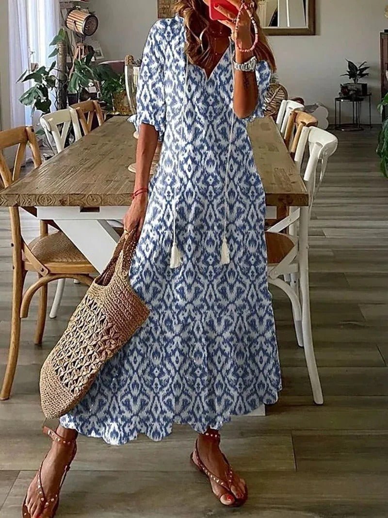 Soril | Women's Short - Sleeved V - Neck Bohemian Summer Dress | Maxi - Nalani - Fashion Clothing and Decor