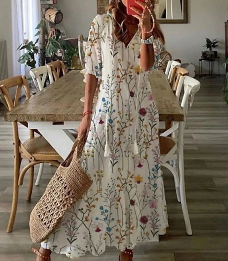 Soril | Women's Short - Sleeved V - Neck Bohemian Summer Dress | Maxi - Nalani - Fashion Clothing and Decor