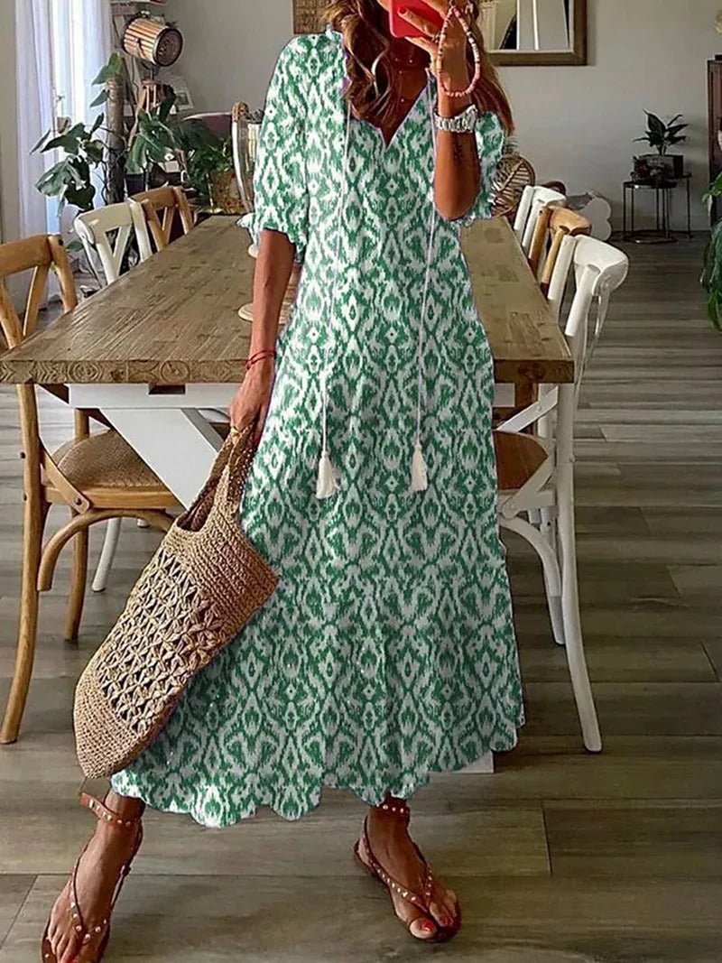 Soril | Women's Short - Sleeved V - Neck Bohemian Summer Dress | Maxi - Nalani - Fashion Clothing and Decor