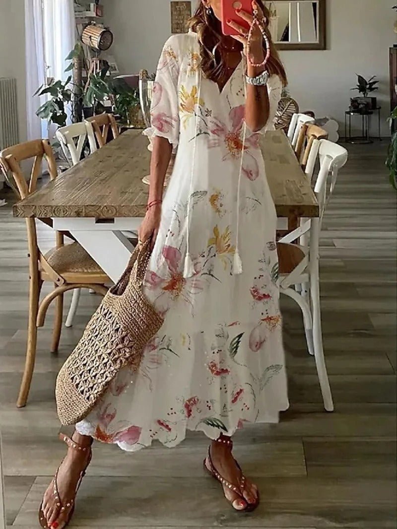 Soril | Women's Short - Sleeved V - Neck Bohemian Summer Dress | Maxi - Nalani - Fashion Clothing and Decor