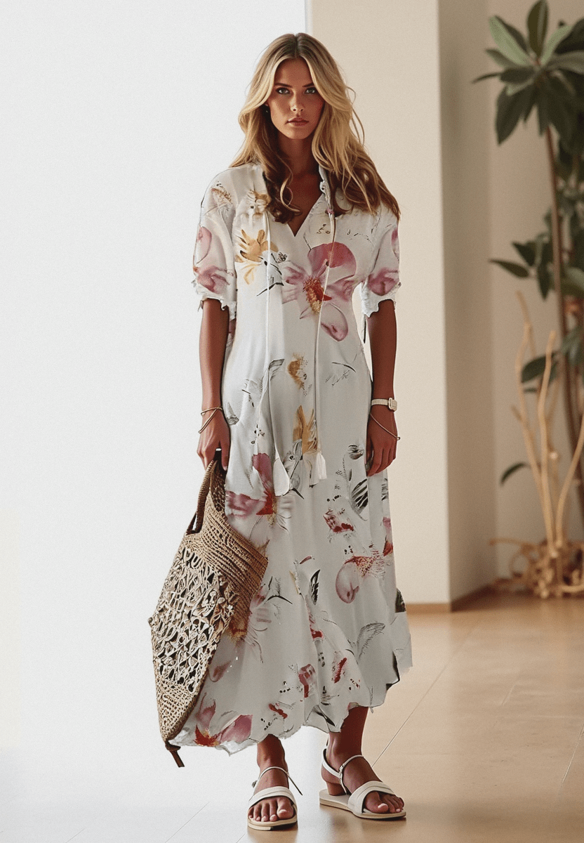 Soril | Women's Short - Sleeved V - Neck Bohemian Summer Dress | Maxi - Nalani - Fashion Clothing and Decor