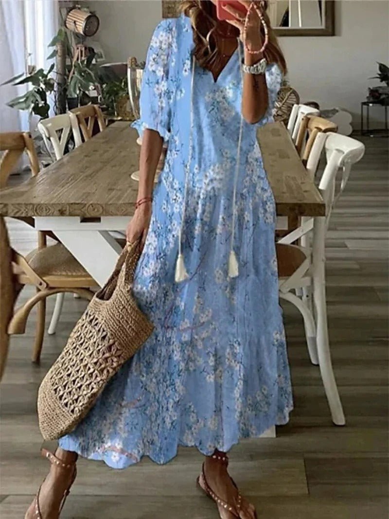 Soril | Women's Short - Sleeved V - Neck Bohemian Summer Dress | Maxi - Nalani - Fashion Clothing and Decor