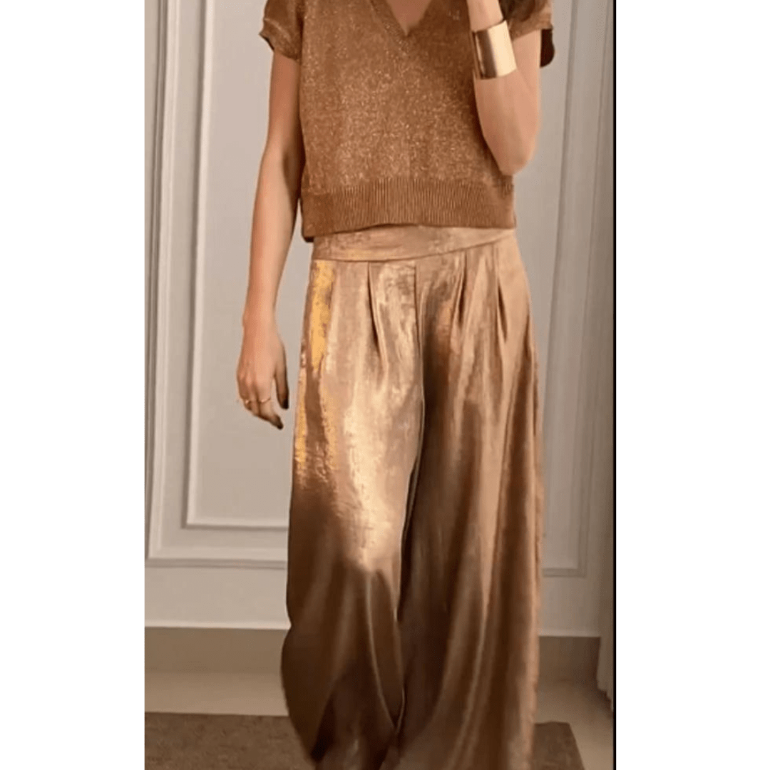 Soril | Women's Short - Sleeved V - Neck Top and Wide - Waisted Pants Set | Two - Piece - Nalani - Fashion Clothing and Decor