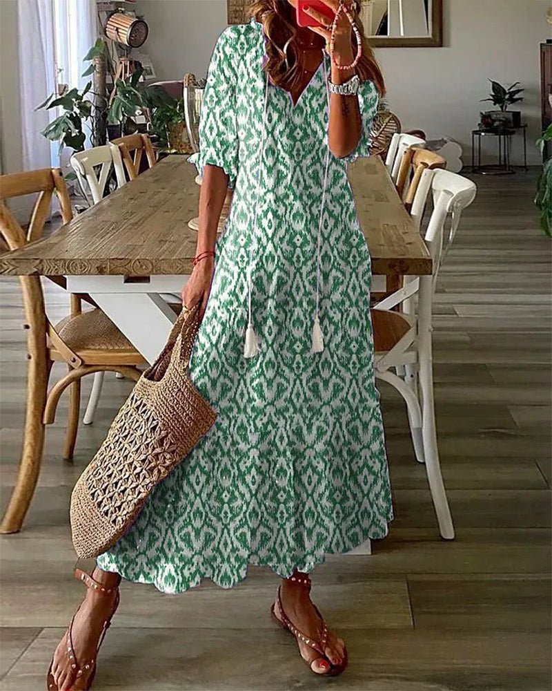 Summer Maxi Dress – Flowy A - Line V - Neck Printed Dress for Women - Nalani - Fashion Clothing and Decor