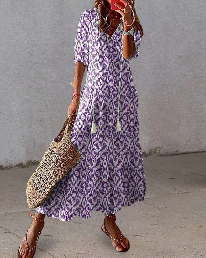 Summer Maxi Dress – Flowy A - Line V - Neck Printed Dress for Women - Nalani - Fashion Clothing and Decor
