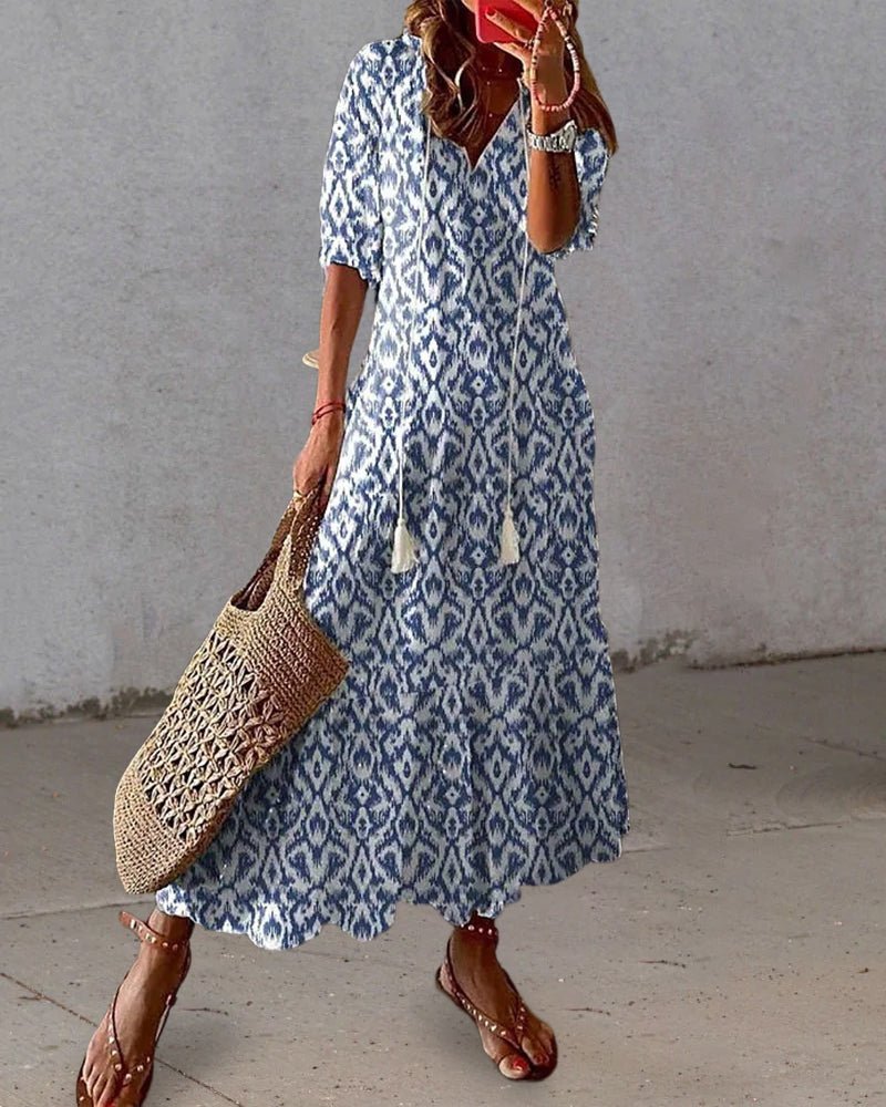 Summer Maxi Dress – Flowy A - Line V - Neck Printed Dress for Women - Nalani - Fashion Clothing and Decor