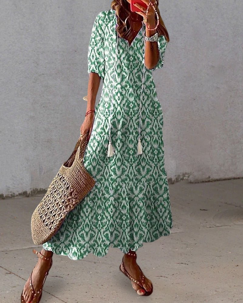 Summer Maxi Dress – Flowy A - Line V - Neck Printed Dress for Women - Nalani - Fashion Clothing and Decor