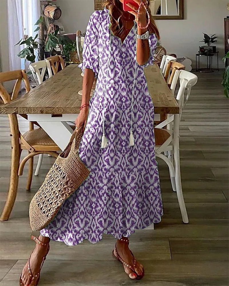 Summer Maxi Dress – Flowy A - Line V - Neck Printed Dress for Women - Nalani - Fashion Clothing and Decor